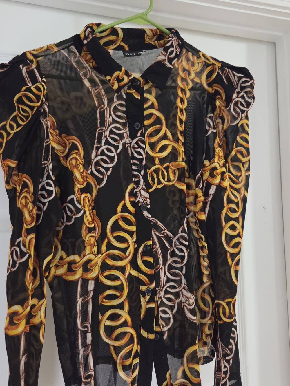 Black Sheer Chain-Print Button Front Blouse